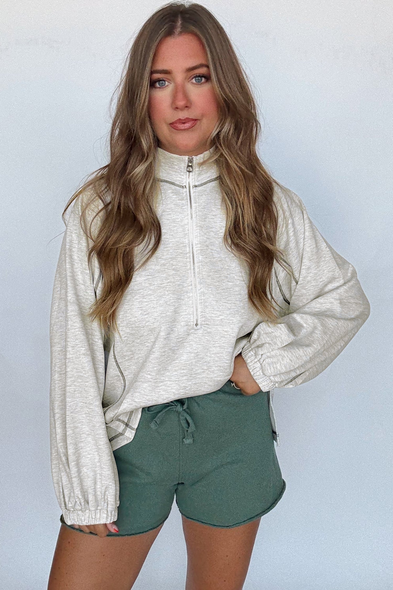 Light Grey Half Zip Stand Neck Seam Detail Long Sleeve Top 33c438ca083be613