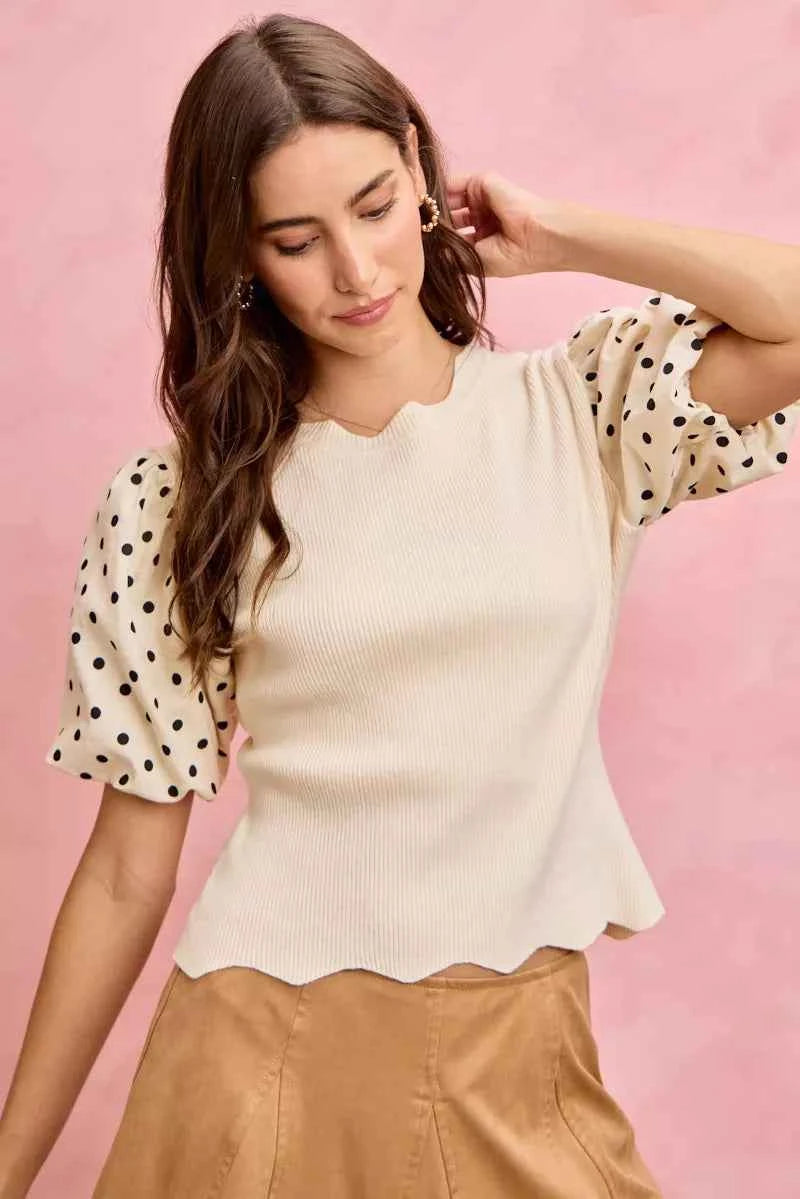 SO ME Polka Dot Contrast Woven Ballon Sleeve Blouse 33c8e482f7784b32bd7b63ec6ea33883-Max-Origin