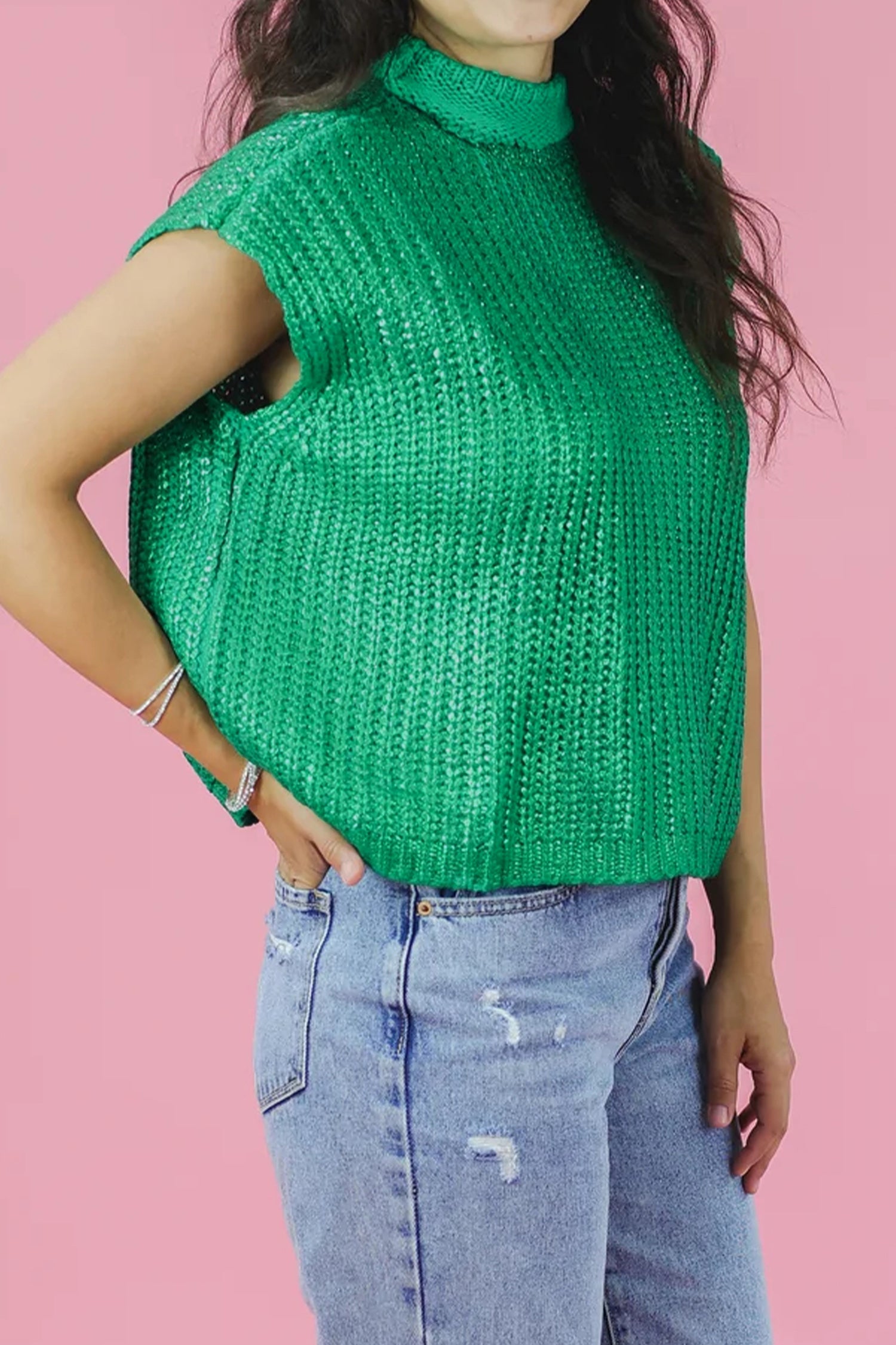 Bright Green Solid Color Knit High Neck Short Sleeve Sweater 33c94e6d6d9f0280