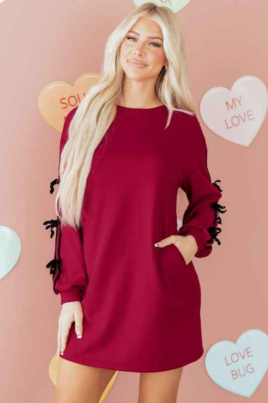 Valentine Bow Tie Long Sleeve Sweatshirt Dress Racing Red 33d472ef-f5d9-4590-843c-374826c64822