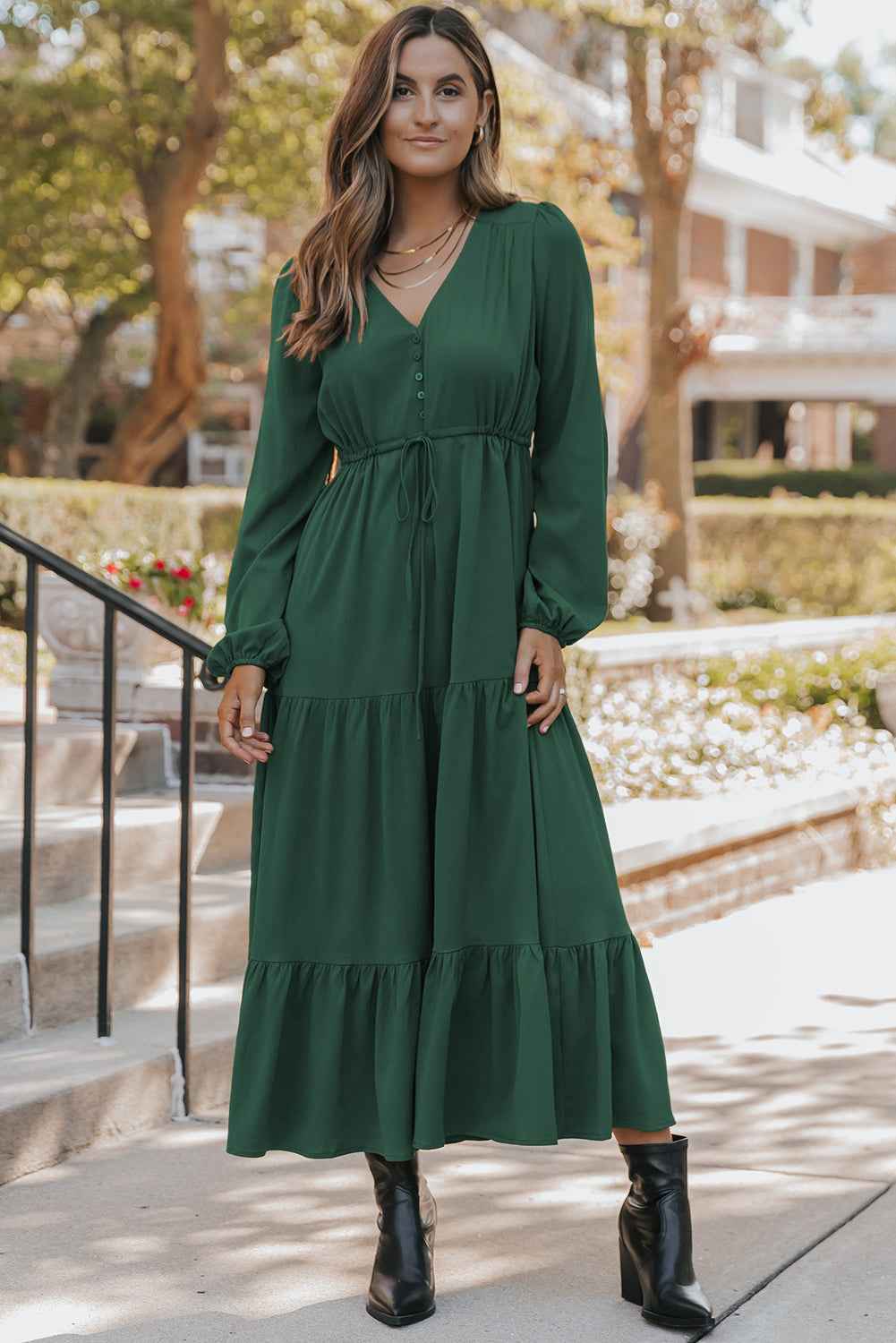 Blackish Green Solid Long Sleeve Button V Neck Tiered Maxi Dress 33d489ae7fd20f87