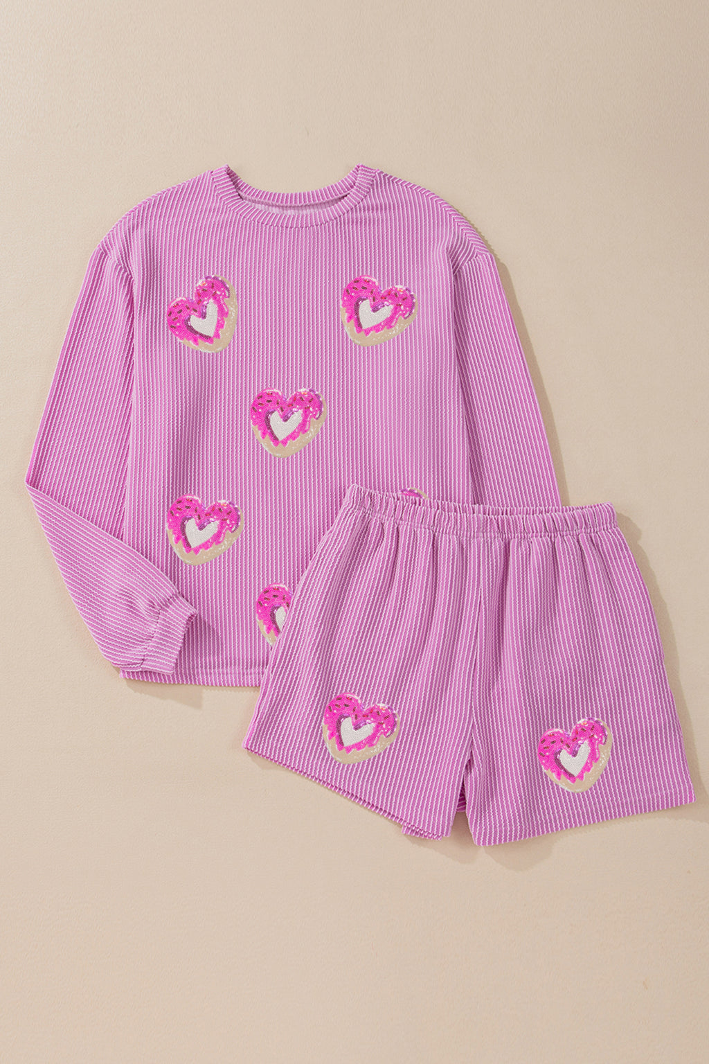 Phalaenopsis Corded Ribbed Sequin Donut Heart Graphic Long Sleeve Pullover and Shorts 2pcs Set 33da5567901a380c