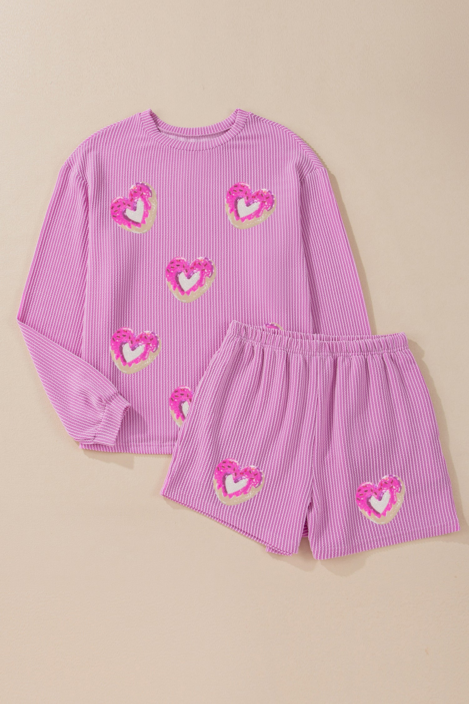 Phalaenopsis Corded Ribbed Sequin Donut Heart Graphic Long Sleeve Pullover and Shorts 2pcs Set 33da5567901a380c