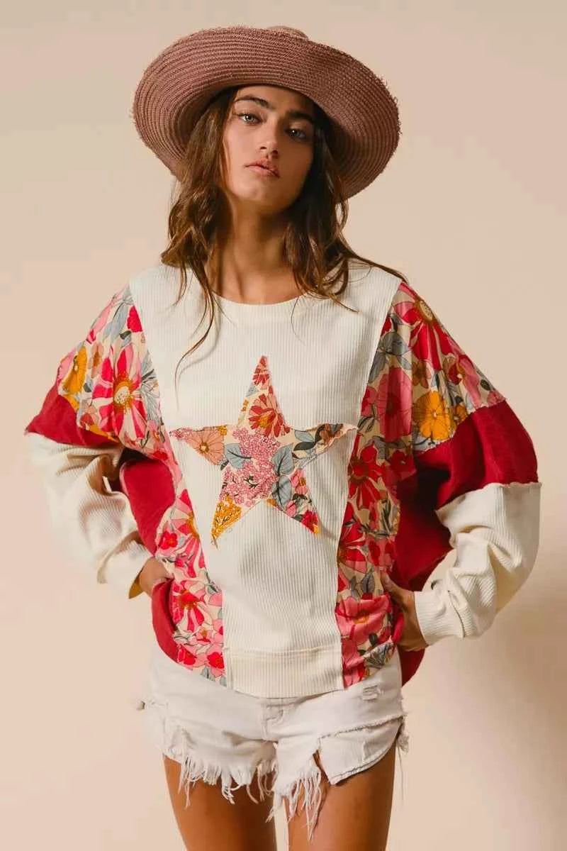 BiBi Floral Print Mixed Star Patch Round Neck Sweatshirt 33dc55bd4c114a108a1adba33494c014-Max-Origin