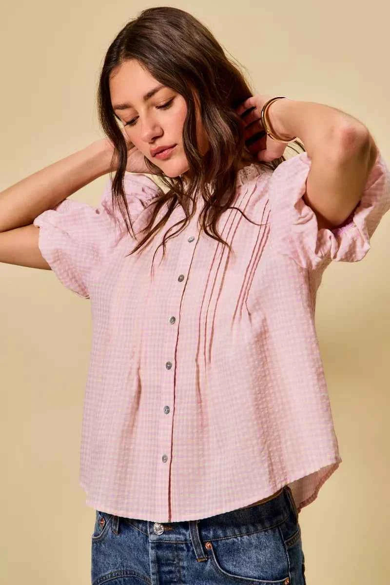 SO ME Gingham Lace Trim Button Bubble Sleeves Blouse 33e4dbd27e954c88851d9f12930d8c8a-Max-Origin