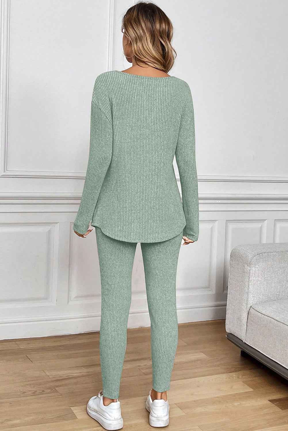 Racing Red Ribbed Notched Neck Knit Long Sleeve Leggings Two Pieces Lounge Set 33e4e813c4bc4729