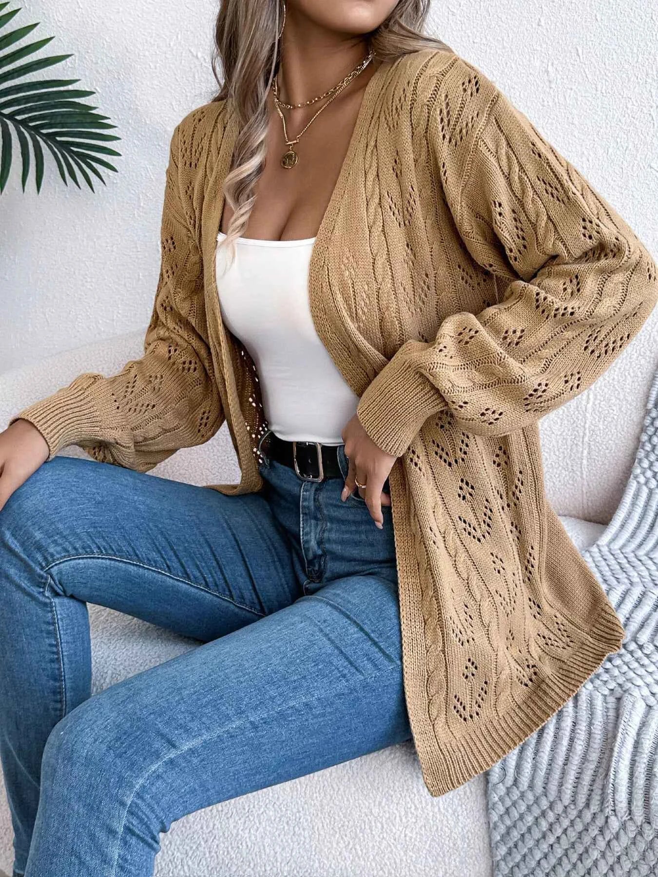 Openwork Open Front Long Sleeve Cardigan Khaki 33e64174738842f892a760b1fc7c877e-Max-Origin