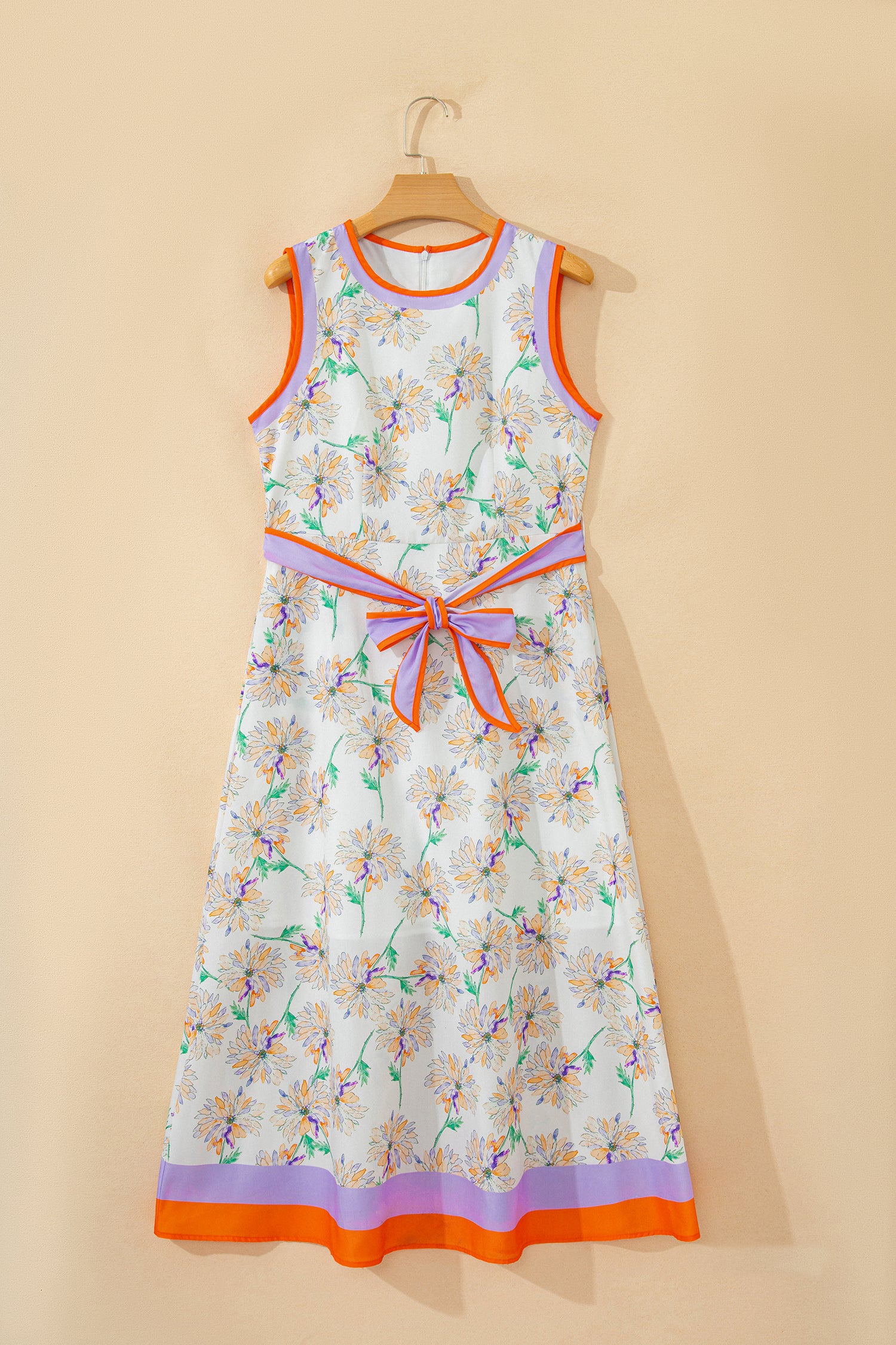 White Floral Print Color Block Trim Belted Sleeveless Maxi Dress 33eb82551a2abe42