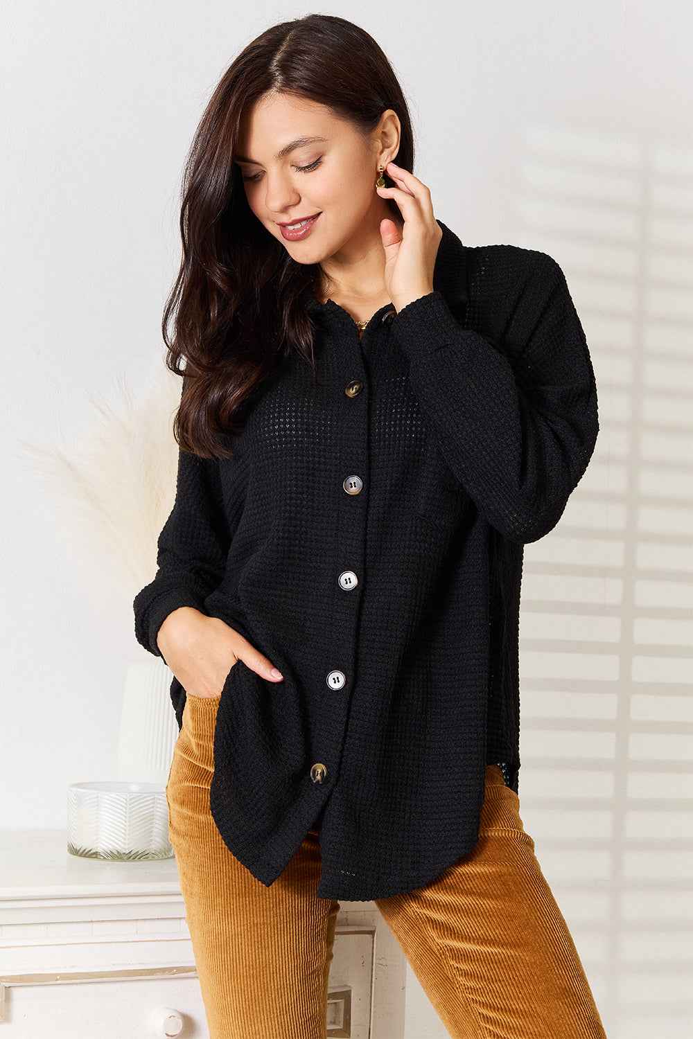 Double Take Waffle-Knit Collared Neck Dropped Shoulder Shirt Black 33ebcc35a1784fc0857bf2d2d840e50f-Max