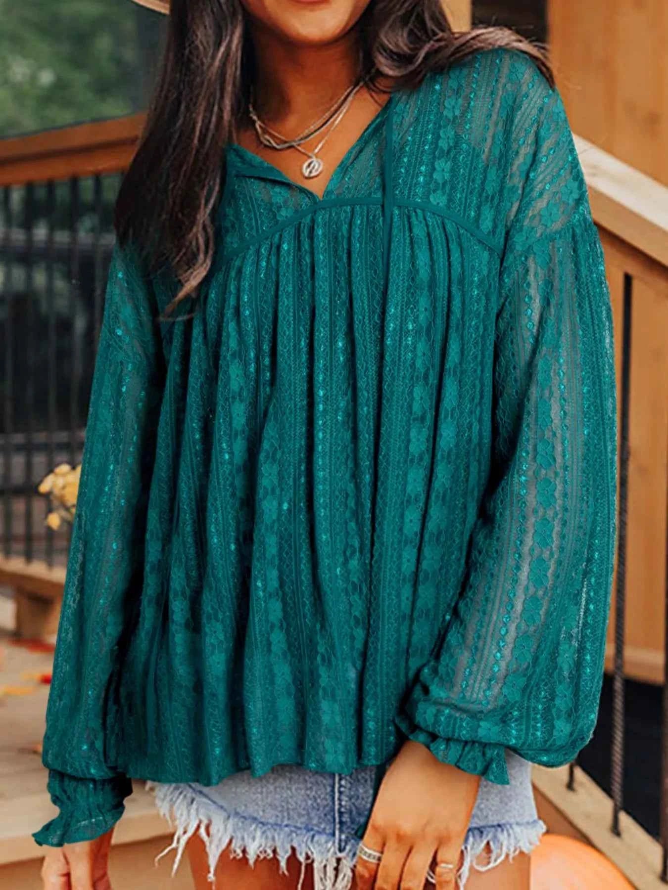 Lace Tie Neck Long Sleeve Blouse Deep Teal 33f5b63b-1dd8-4c4b-a0d0-d7add8e4cf17-Max-Origin
