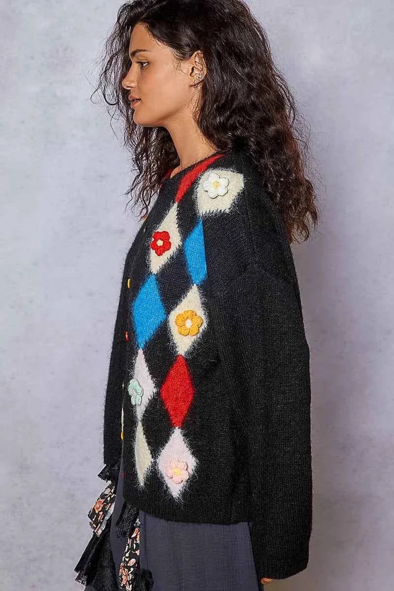 POL Button Down Diamond Pattern Round Neck Cardigan 33f8a4fa-f1f5-408f-823c-deb5d9334c74-Max-Origin
