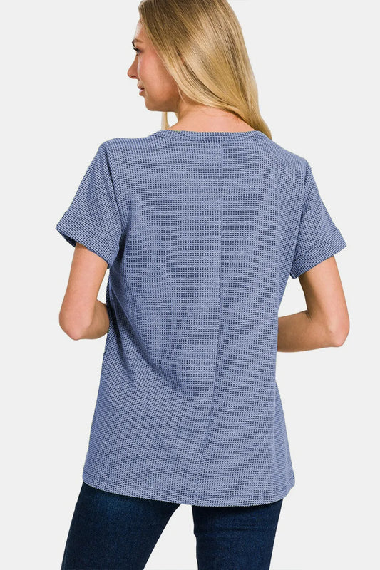 Zenana Notched Short Sleeve Waffle T-Shirt 33f8bbe7-83c8-4016-b734-d8780b5e2ace-Max
