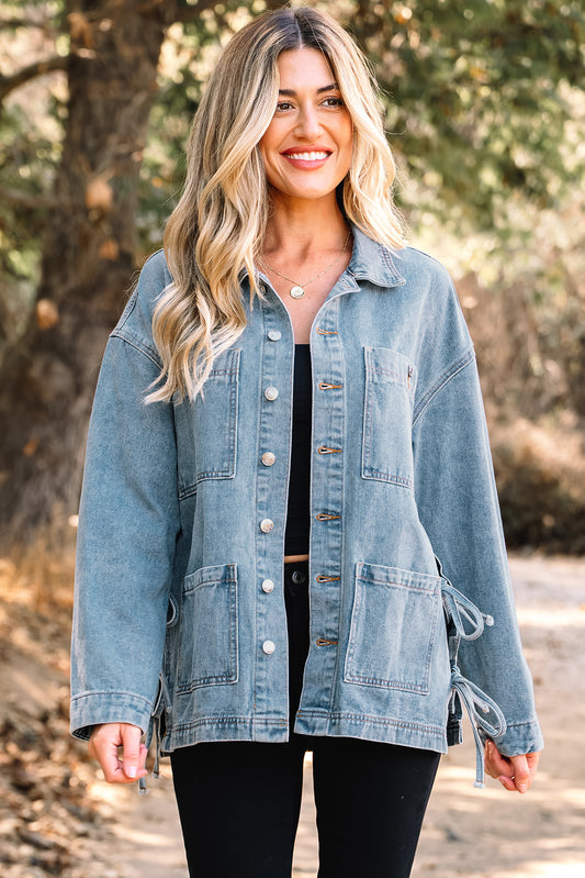 Beau Blue Multi Patched Pockets Side Tie up Boyfriend Style Denim Jacket 33fe7b735e447574