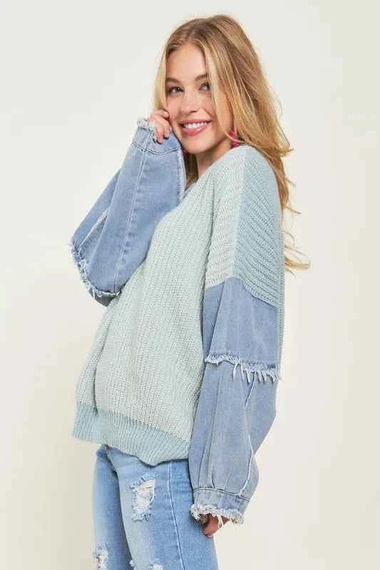 ADORA Plus Size Frayed Denim Sleeve Sweater Top 33feff4d0ce14973950ecfc533938a56-Max-Origin