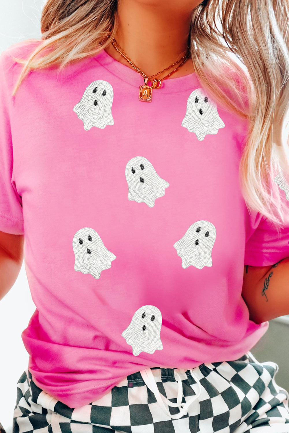 Sachet Pink Halloween Ghost Sequins Patch Casual T Shirt 3406dac7969d0f66