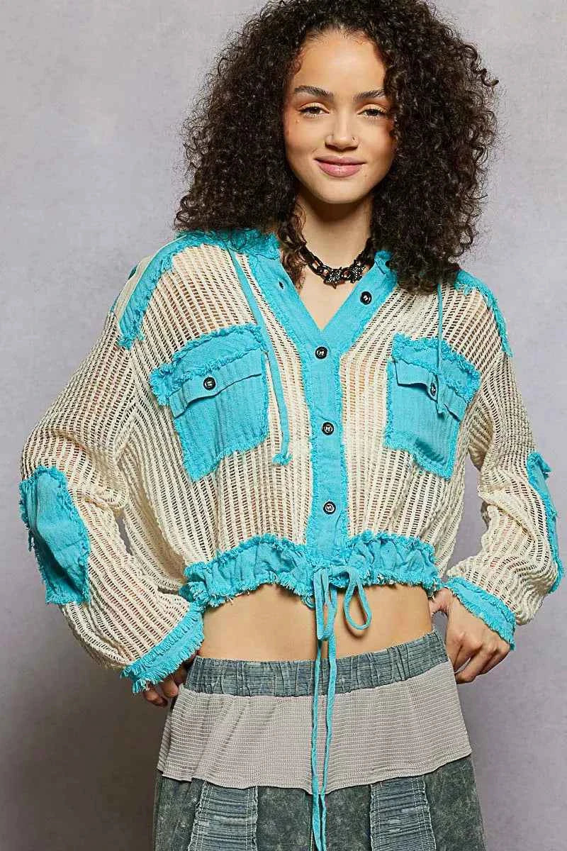POL Texture Woven Button Down Hooded Shirt with Drawstring Hem AQUA BLUE MULTI 34097734-6def-4982-9af9-6b26fdaf376d-Max-Origin