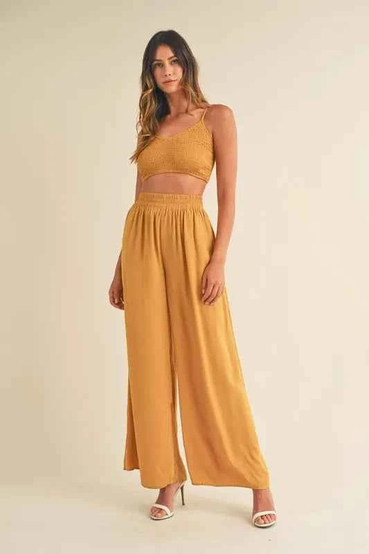 MABLE Smocked Bralette Crop Top and Wide Leg Pants Set Gold Mustard 340aabee3e6a418d8075dfb7ac4be65e-Max-Origin