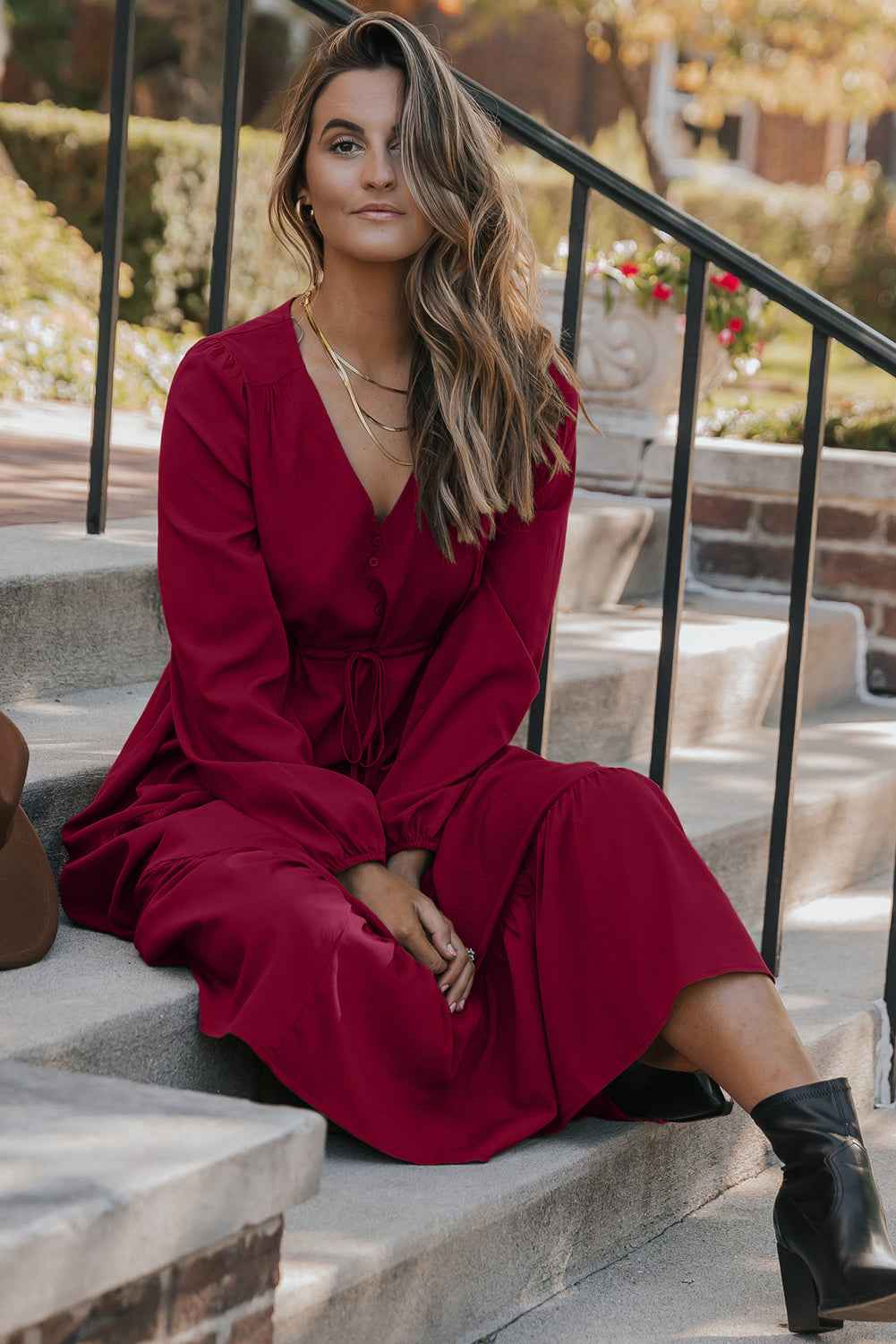 Blackish Green Solid Long Sleeve Button V Neck Tiered Maxi Dress 340f99dcbb8f61ee