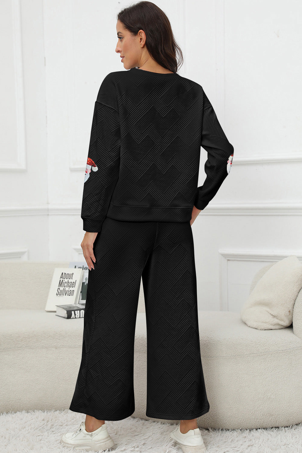 Black Christmas Santa Clause Graphic Sequins Patch Textured Pants Set