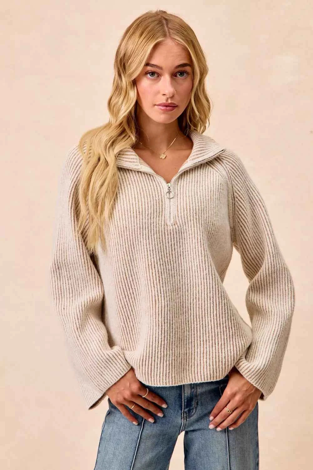 Two Tone Rib Texured Knit Collared Top with Zip Up TAUPE 34198b0d846c4573b69eea89cae05cd1-Max-Origin