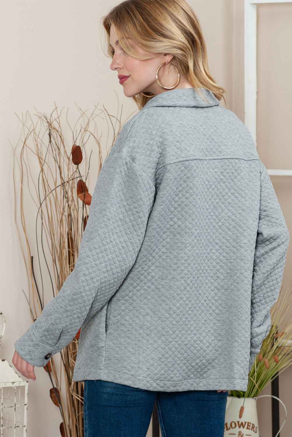 Gray Lattice Texture Retro Flap Pocket Button Quilted Shacket 341f5be27abbcb8c