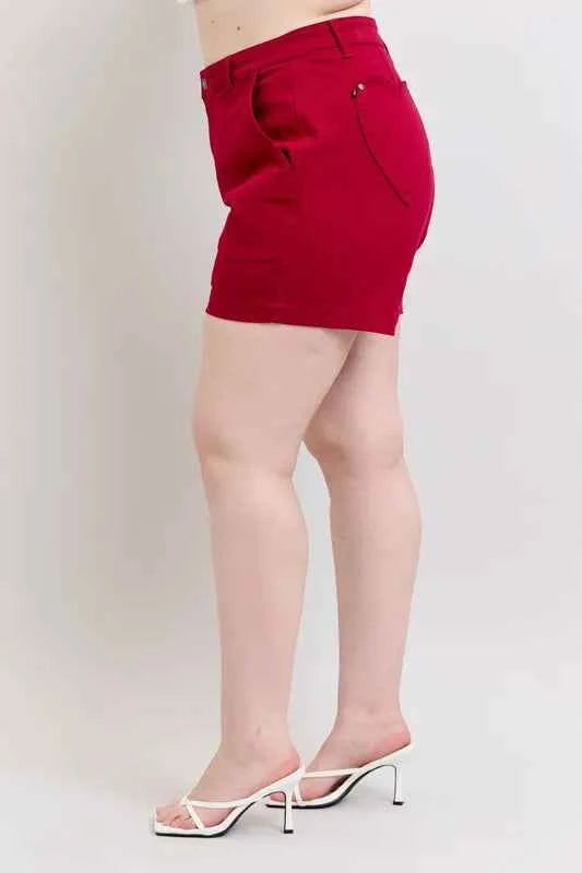 Judy Blue Plus Size High Waist Tummy Control Garment Dyed Heart Shaped Denim Shorts 3420b45d4989436b84237f40fef44a8e-Max-Origin