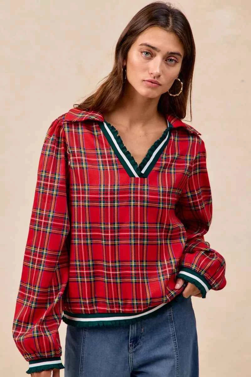 BiBi Christmas Plaid Collared Top with Ruffled Detail 3425c18666a244b5aaafec3ee80a6c1d-Max-Origin