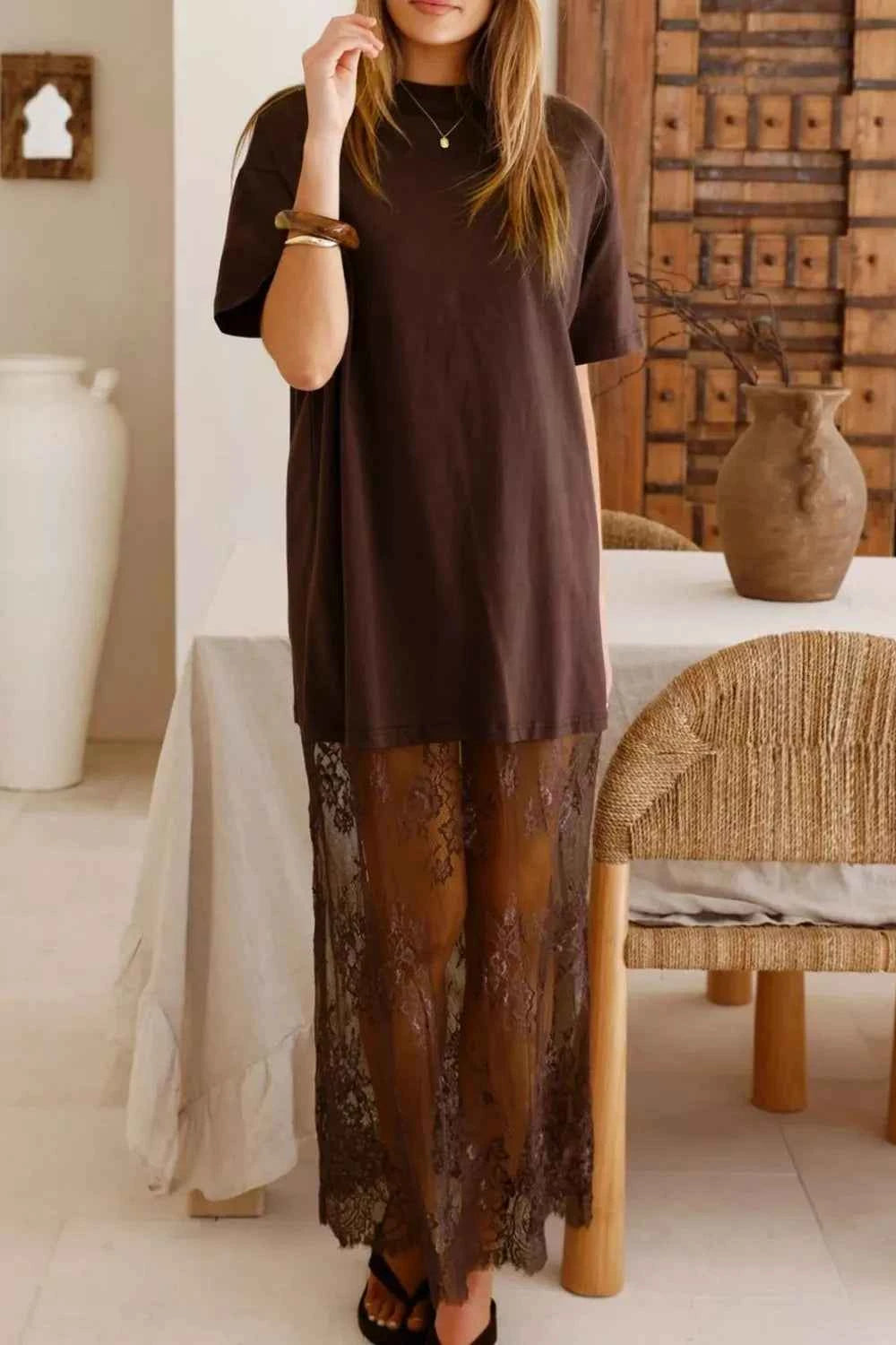 Casual Short Sleeve Lace Maxi Tee Dress Dark Brown 34286692-8730-442e-9441-dbd09b096af1-Max-Origin