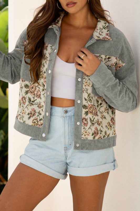 Floral Patchwork Ribbed Corduroy Shirt Jacket 342aa349-1067-433f-841b-65c305b982ca