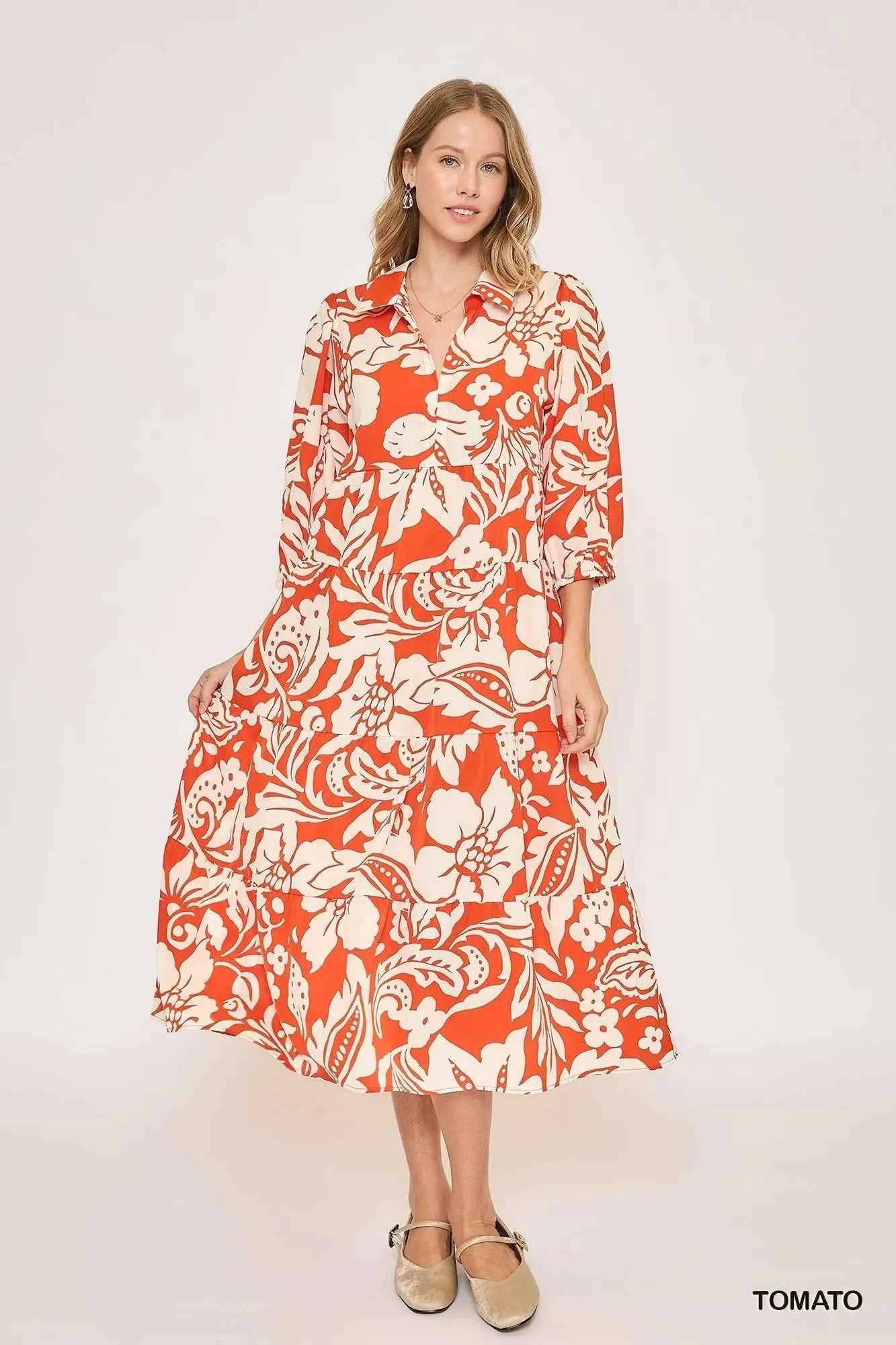 Umgee Floral Print Tiered Midi Dress TOMATO 342b908e-7507-411c-8058-58d6eab45e6a-Max-Origin