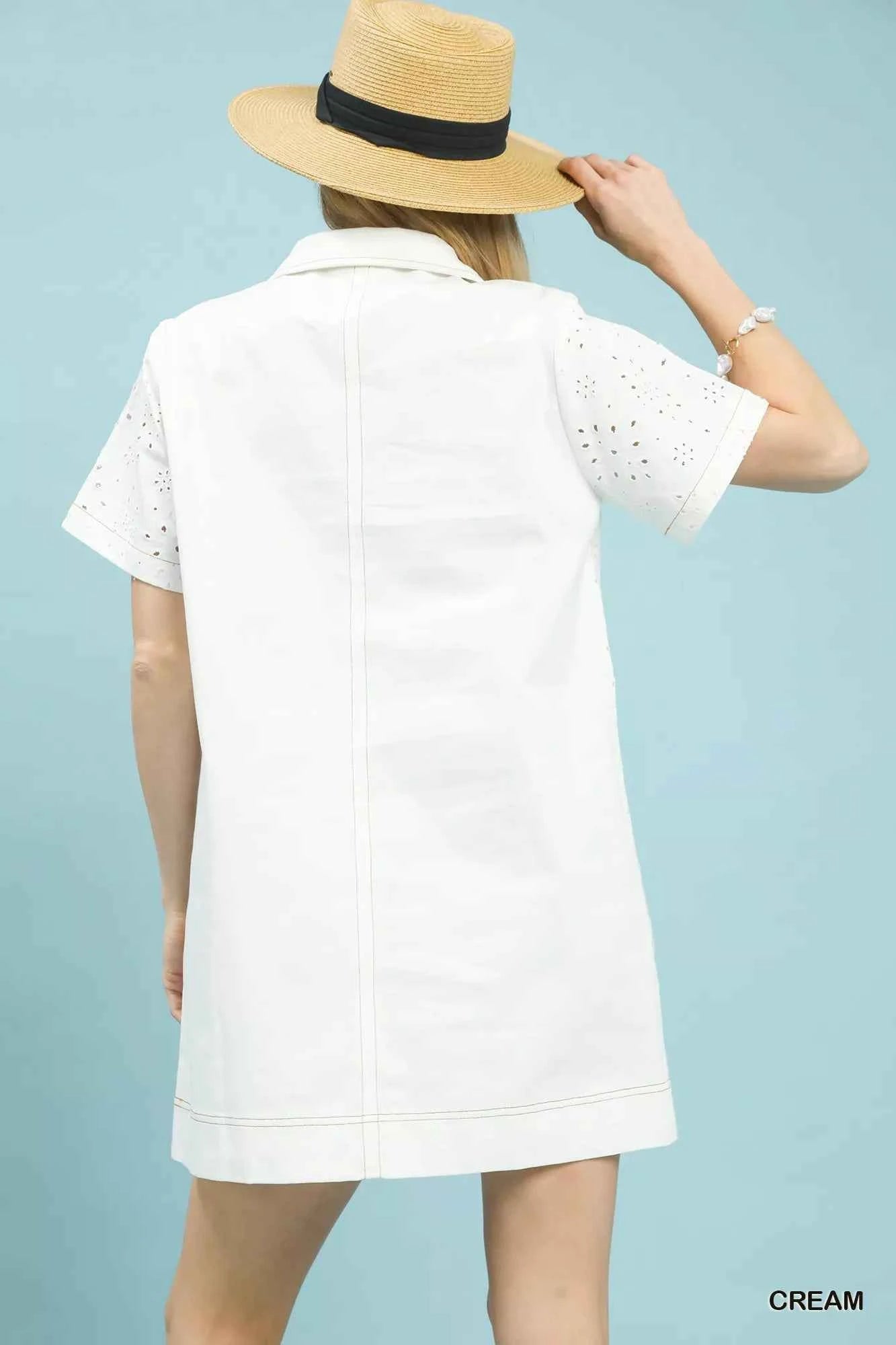 Umgee Eyelet Short Sleeve Shift Dress with Pocket 342c1bfa-0762-4b9b-8781-16b9a355e423-Max-Origin