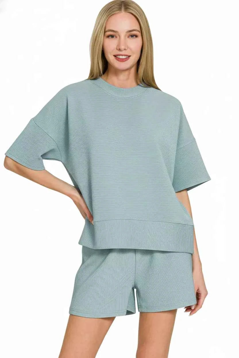Zenana Ribbed Round Neck Waist Banded Tee & Shorts Set 342db2e5-5505-4f32-86cd-e1f6d52341b9-Max-Origin