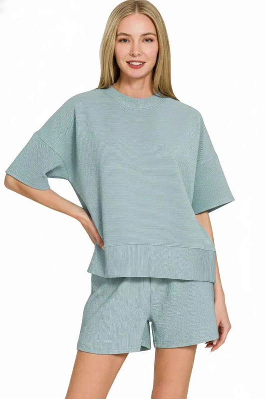 Ribbed Round Neck Waist Banded Tee & Shorts Set 342db2e5-5505-4f32-86cd-e1f6d52341b9-Max-Origin