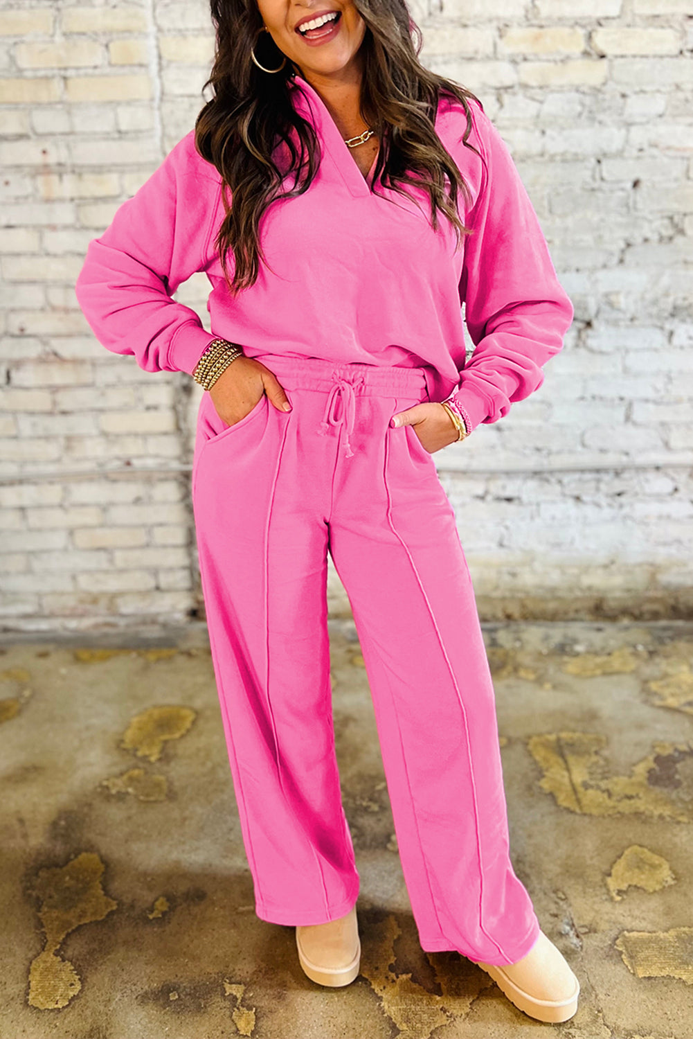 Wisteria Solid Color Collared Pullover and Central Seam Pants Set Sachet Pink 65%Polyester+35%Cotton 342f1925c38c0ba0
