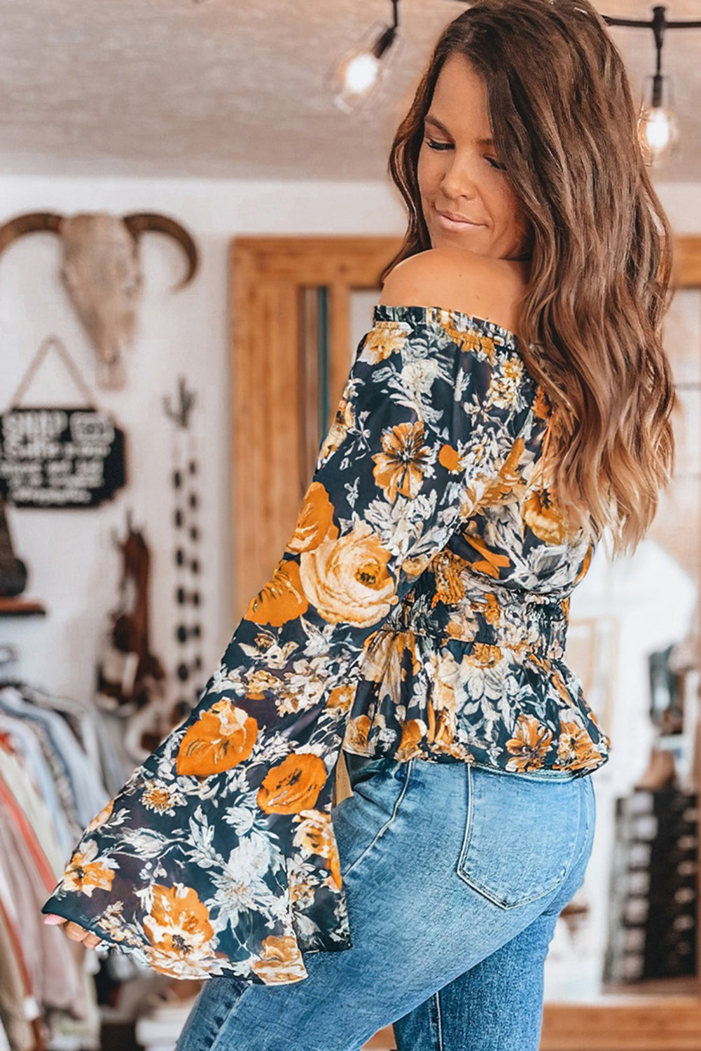 Blue Floral Off Shoulder Bell Sleeve Smocked Peplum Top 34345f03be9e2a6c