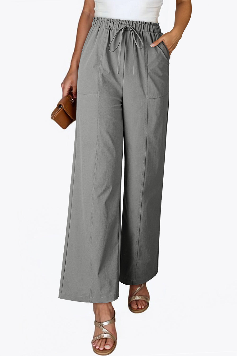 Gray Solid Color Drawstring Elastic Waist Casual Loose Pants 343b5fdc97fec490