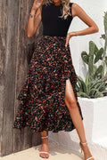 Black Floral Patchwork Asymmetric Ruffle Skirt Solid Tank Bodice Cocktail Dress Black 93%Viscose+7%Elastane 343cf1cfacf3ab49