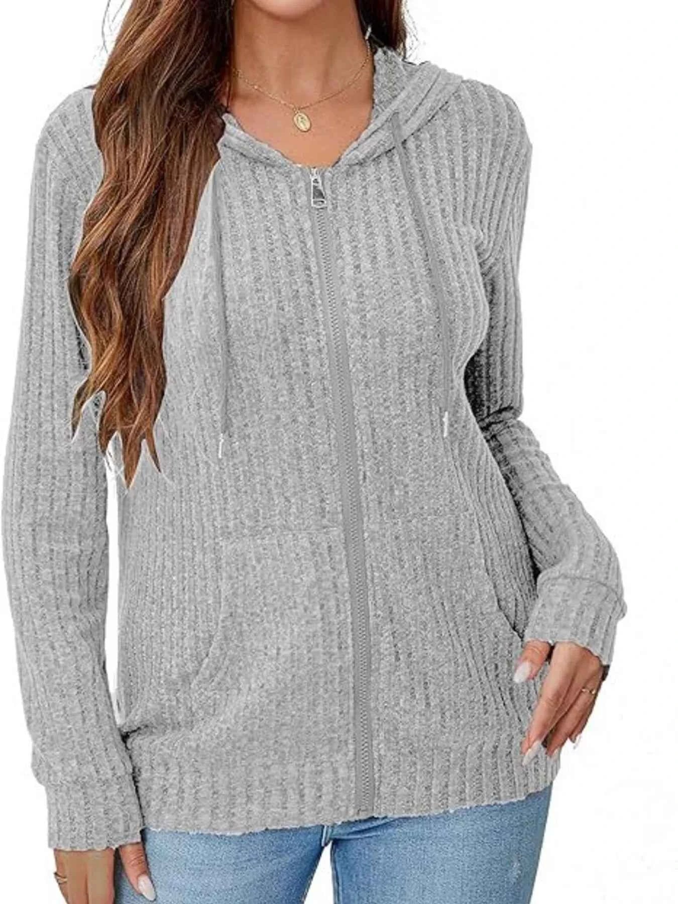 Ribbed Zip Up Hooded Outerwear Grey 3441aad8d4af4c6398ee033cff8a13ef-Max-Origin