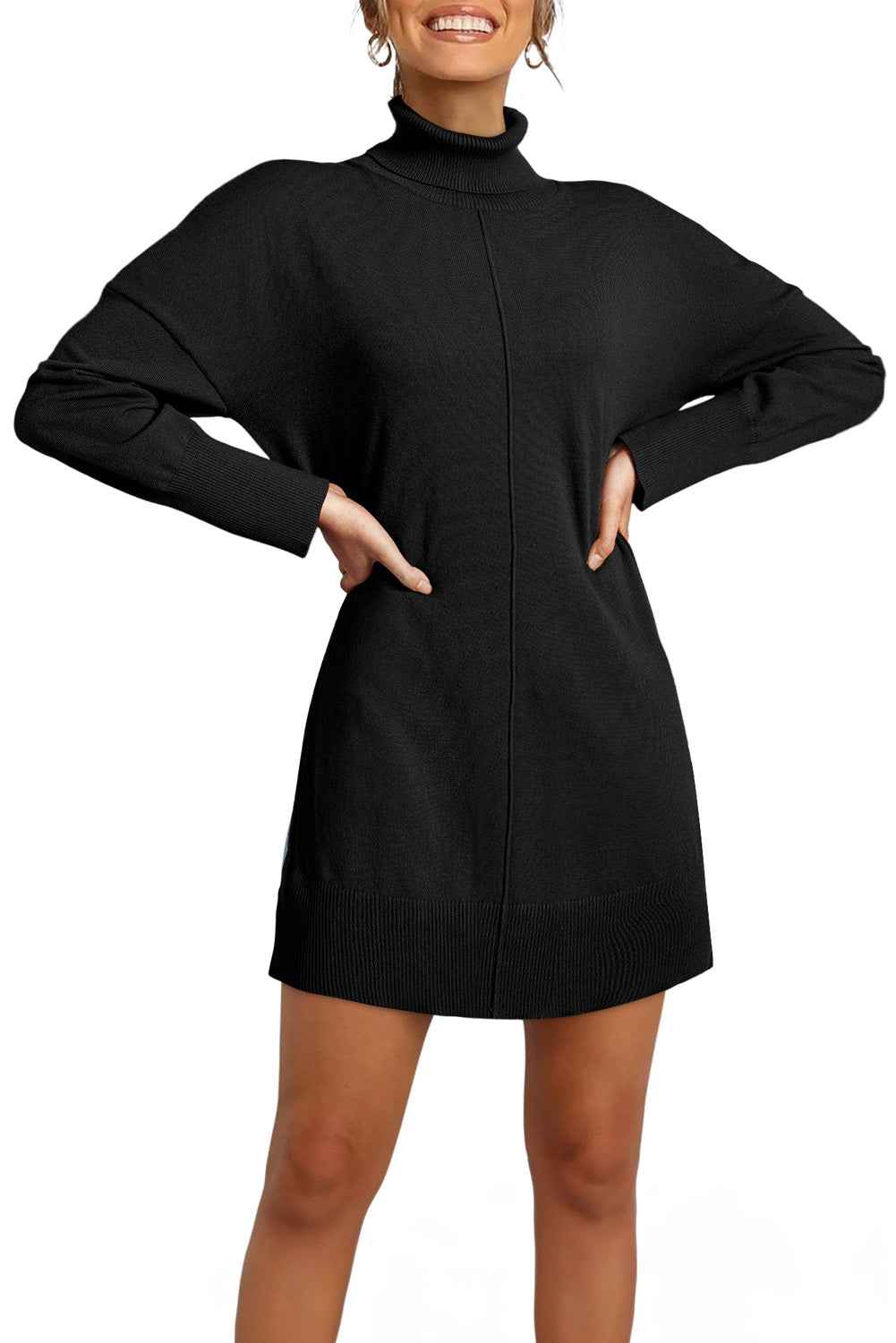 Black Solid Color Turtleneck Drop Shoulder Loose Sweater Dress 3445bc1c855813ba
