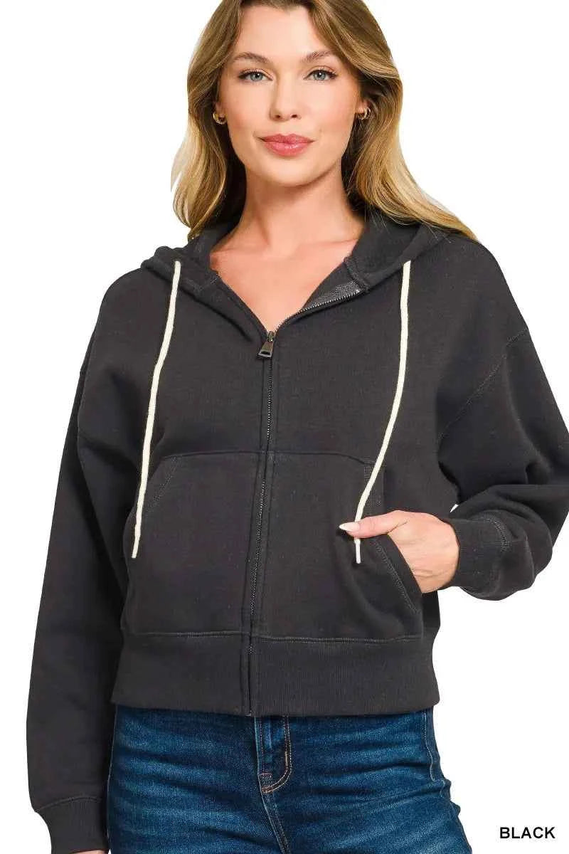 Zenana Fleece Cropped Zip-up Hoodie with Pockets 3448adac355f4198bbae689d0939ba5d-Max-Origin