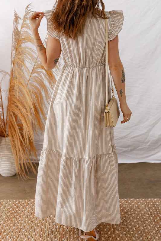 Stripe Flutter Sleeve Buttoned V-Neck Maxi Dress 344a7638-584d-4c07-8f21-71ad424e5ec2
