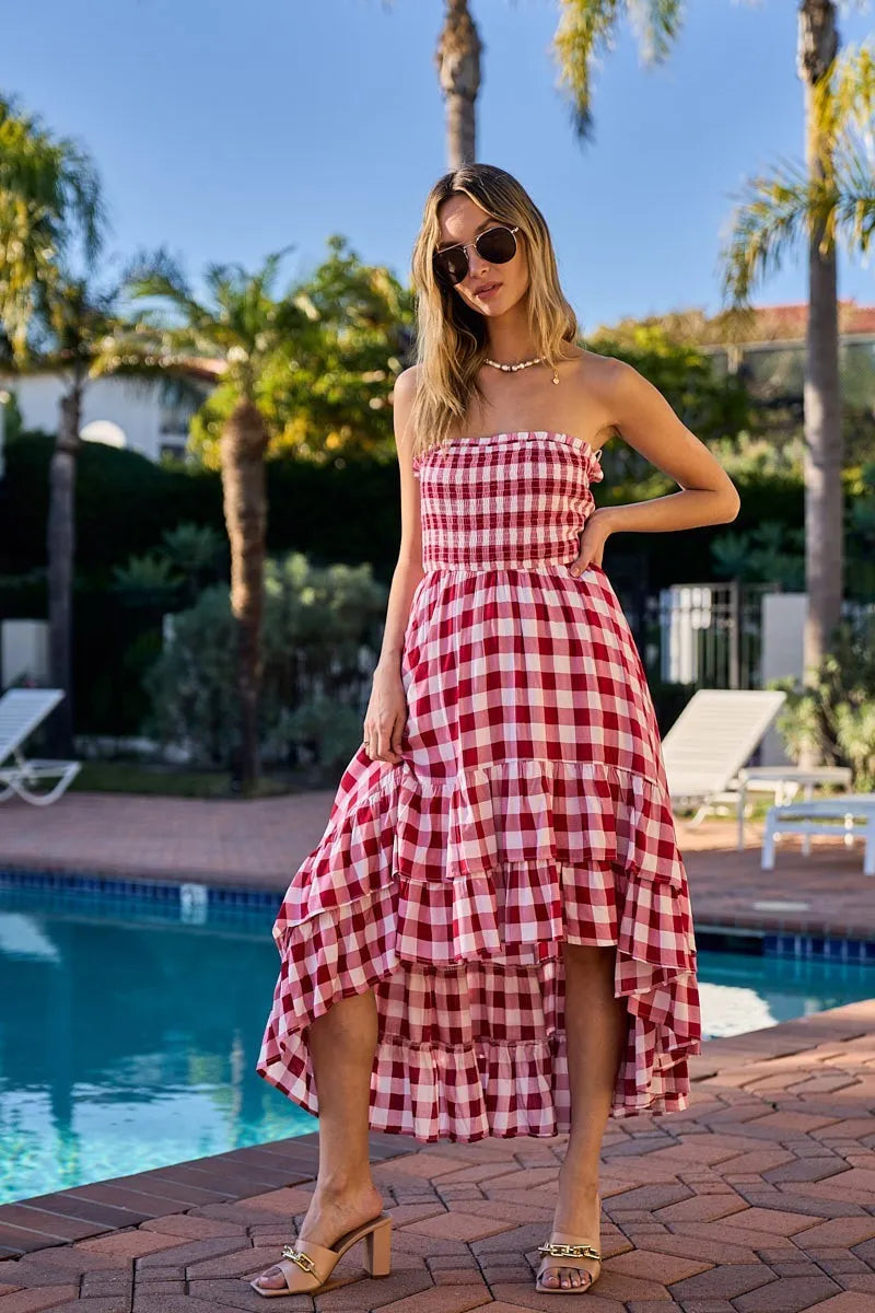 BiBi Smocked Body Off Shoulder Check Dress RED IVORY 3459704ff7c84fbab012d8dbbb36b17f-Max-Origin