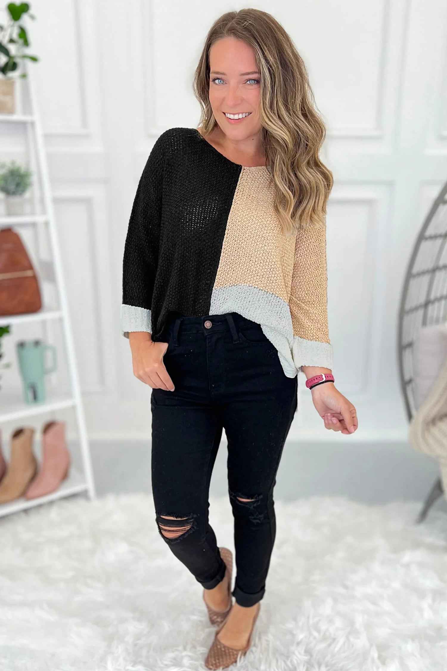 Chestnut Color Block Knit V Neck Loose Sweater 3461381d4b2a3754