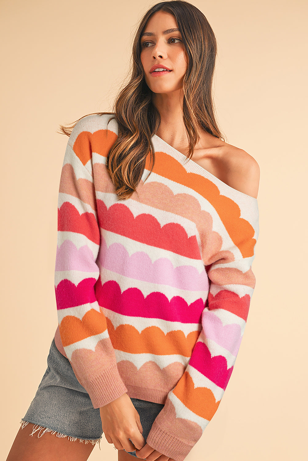 Yellow Wave Striped Balloon Sleeve Drop Shoulder Sweater 346513c6440a8e5a