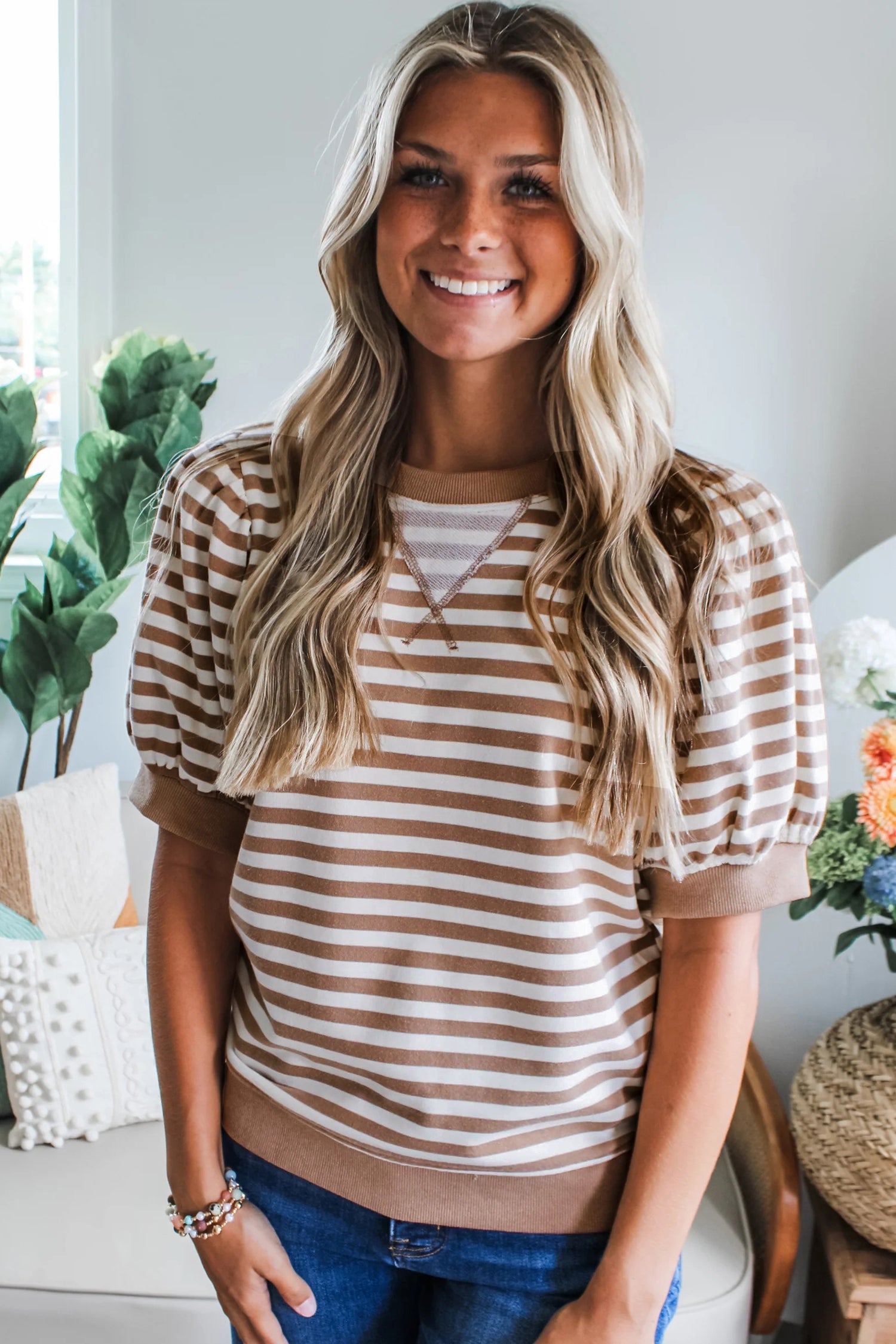 Orange Stripe Short Bubble Sleeve T Shirt 34685cea58138dbe
