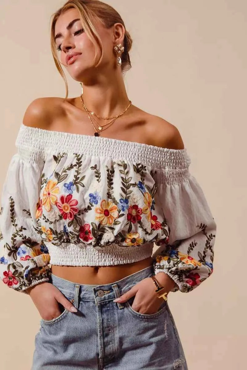 SO ME Floral Embroidered Off The Shoulder Crop Top 34686b52901f46ee912bdbb32fb716c8-Max-Origin