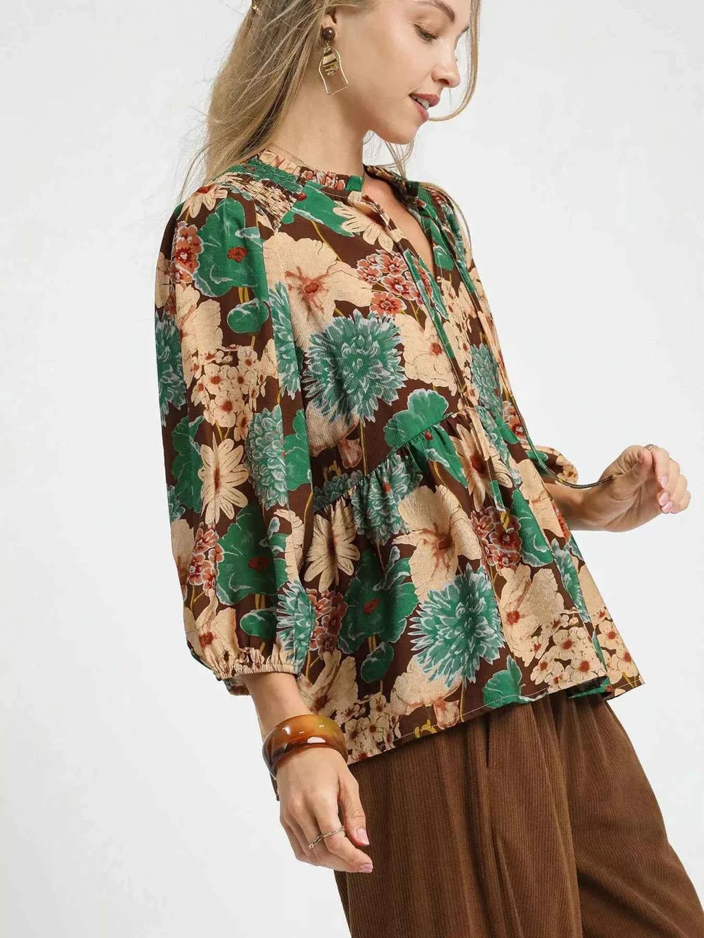 Umgee Mix Floral Peplum Blouse with Tie Neck 346db70eef2a475e9123bcc210f77ae1-Max-Origin