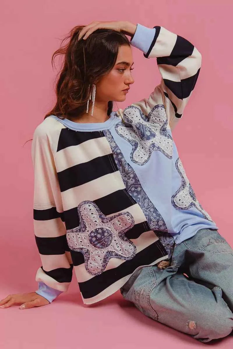 BiBi Patchwork Striped Round Neck Sweatshirt 346e18d824cb4a0ab28cb988cc95dc16-Max-Origin