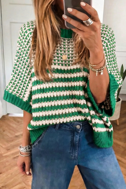 Green Stripe 3/4 Draped Sleeve Slouchy Sweater Green Stripe 100%Acrylic 34716e0942f2bab2