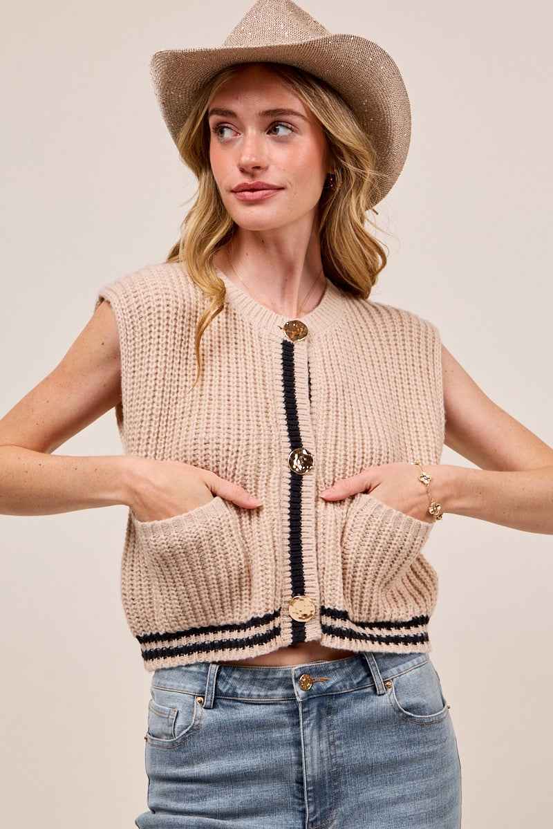 SO ME Big Metal Button Front Stripe Edge Knitted Sweater Vest 3477cdb31415481b9fdb4d026887dc29-Max